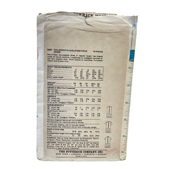 Butterick 5665 Childrens Girls One-Piece Dress Pattern Size 6 Sewing Pattern - Picture 2 of 2